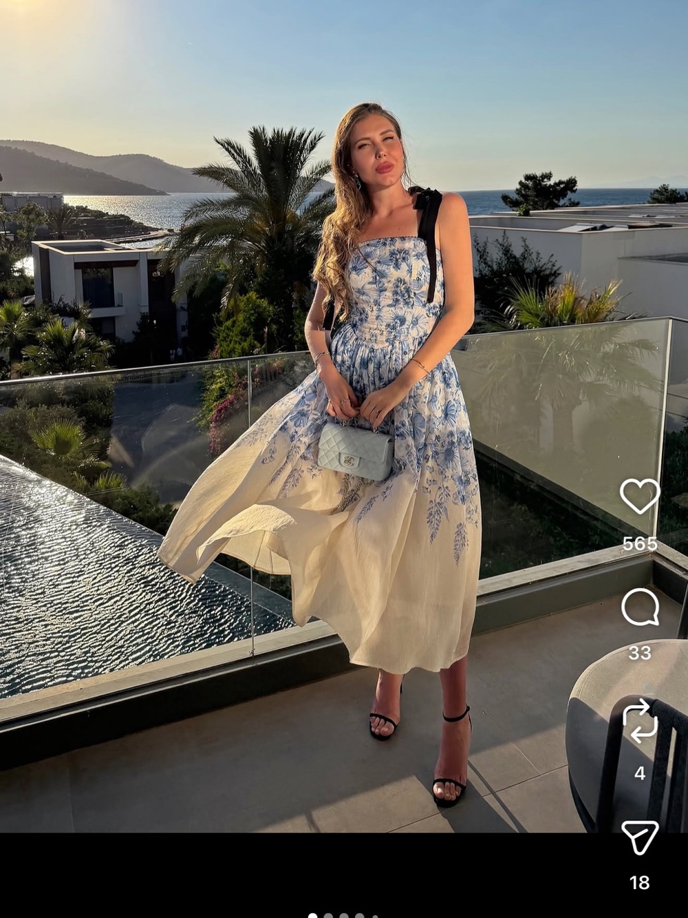 Floral Blue & White Tie-Shoulder Midi Dress - Picture 9 of 13